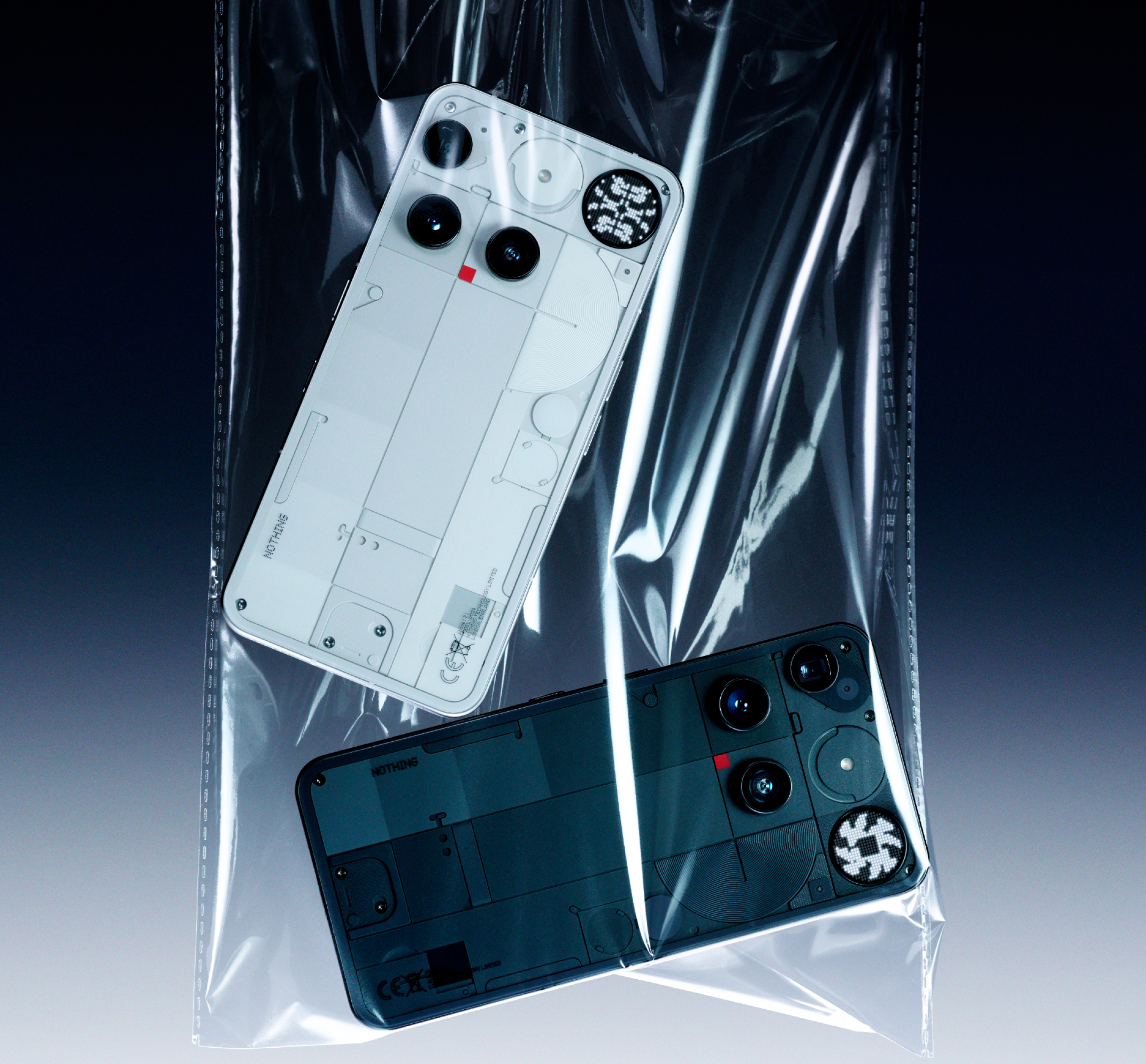 nothing phone 3 in black and white pictured in a transparent bag