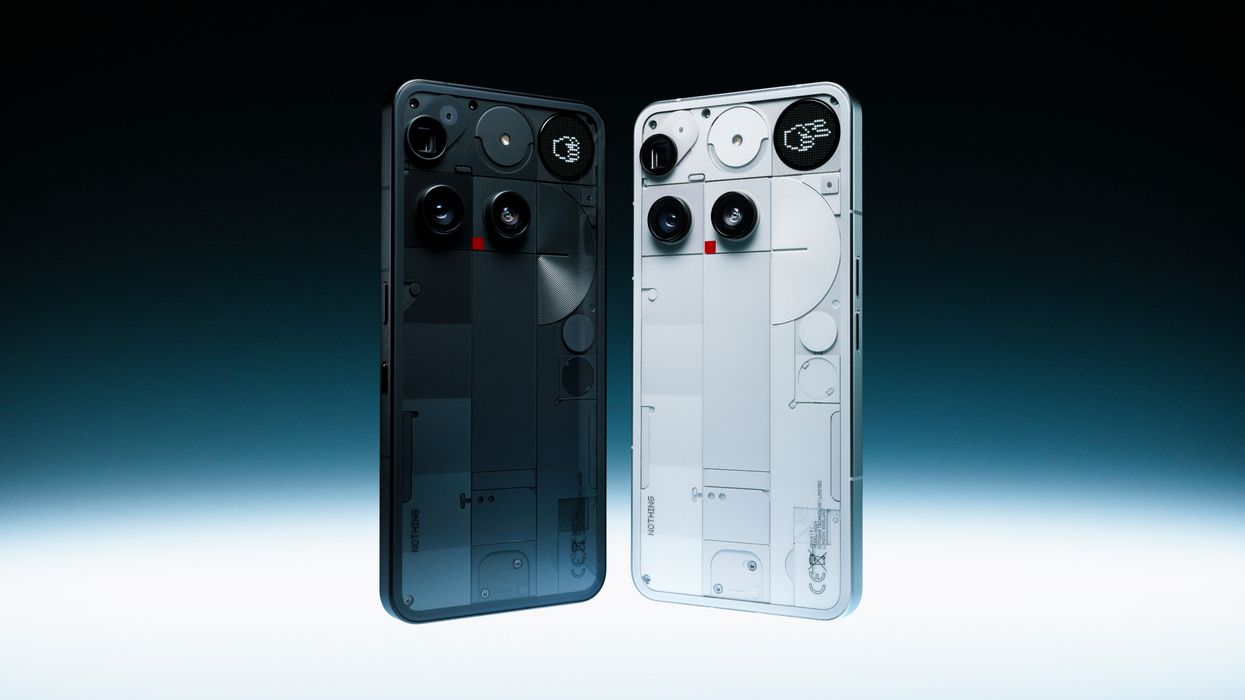 nothing phone 3 pictured in white and black with the glyph matrix showing an animation of a hand