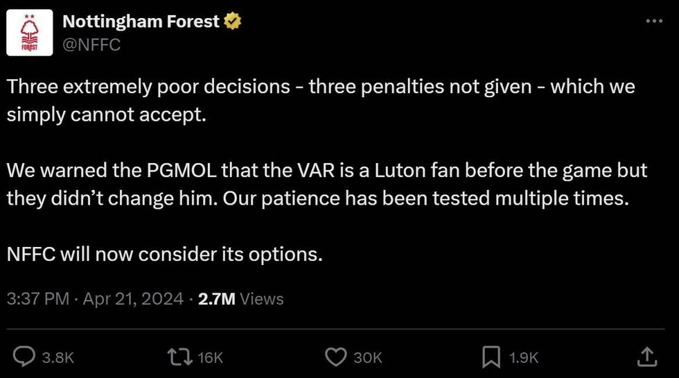 Nottingham Forest caused a stir online with their strongly-worded statement