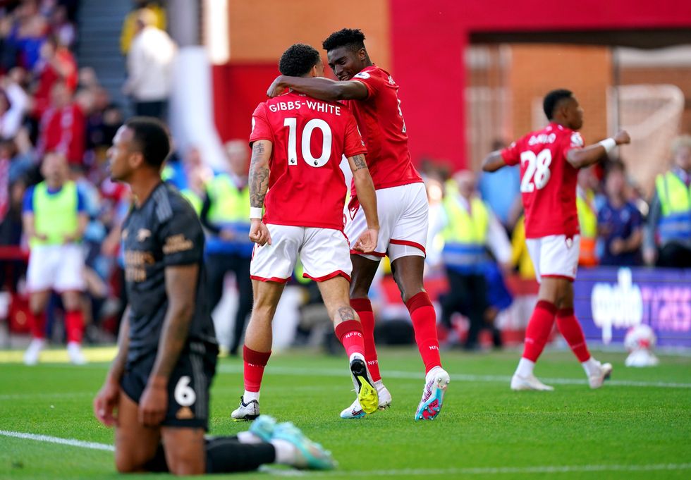 Nottingham Forest players celebrate scoring against Arsenal