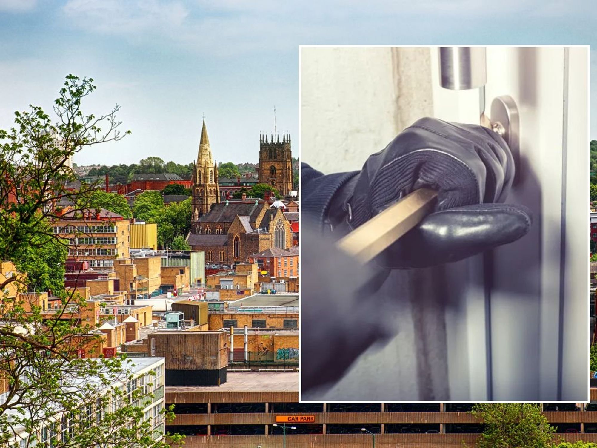 Nottingham skyline / Burglar breaking into house