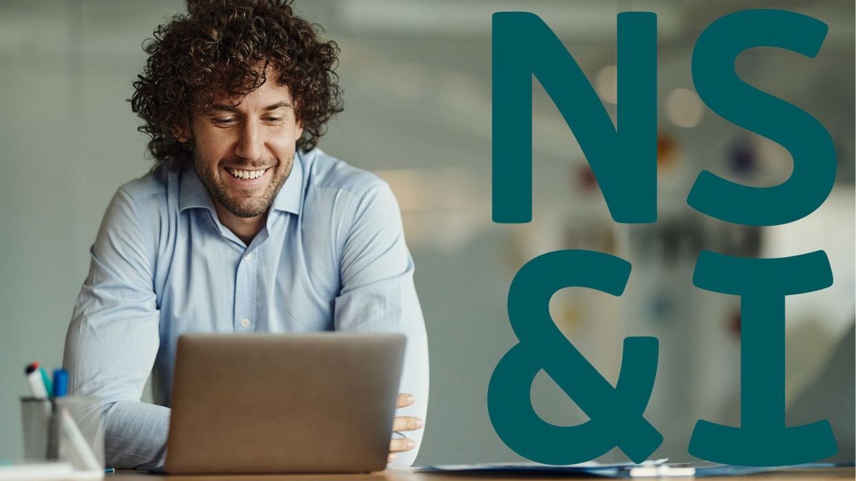 NS&I logo and person looking happy at laptop