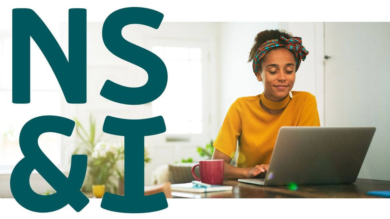 NS&I logo and photo of person looking at laptop
