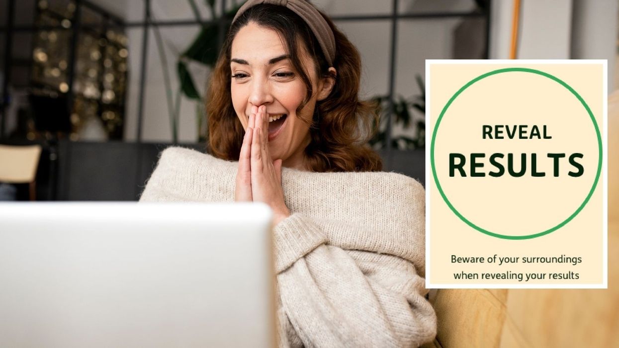 NS&I reveal results sign and person looking happy at laptop