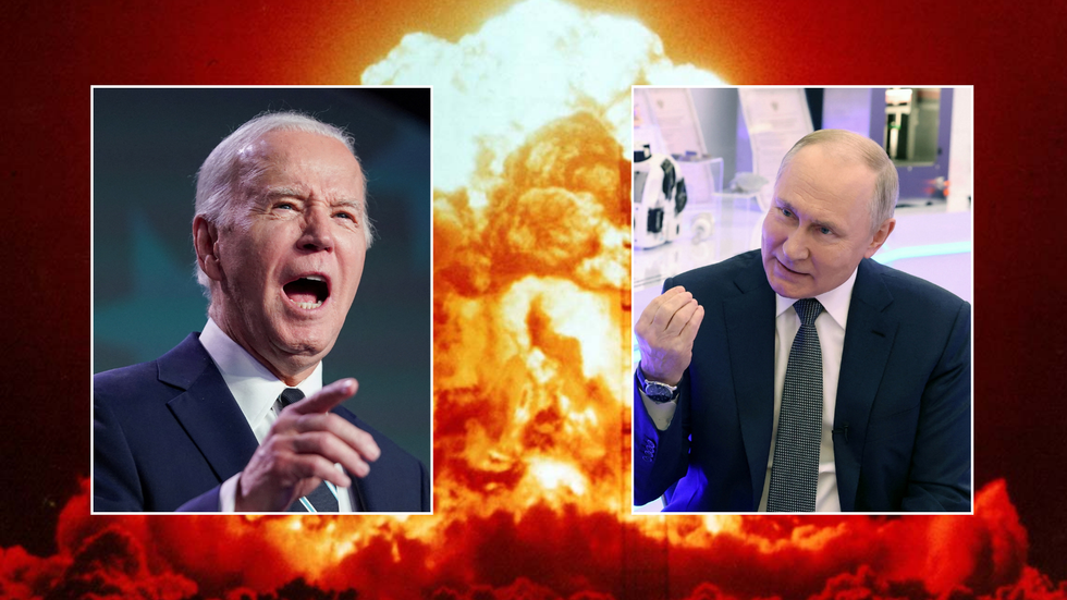 Nuclear explosion with Joe Biden/Vladimir Putin in foreground