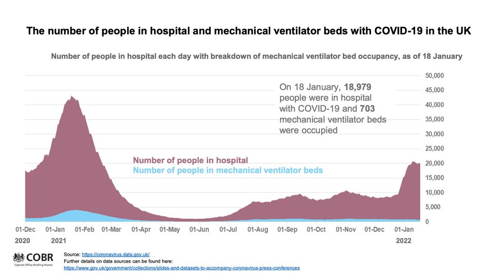 Number of people in hospital and mechanical ventilator beds with Covid in the UK