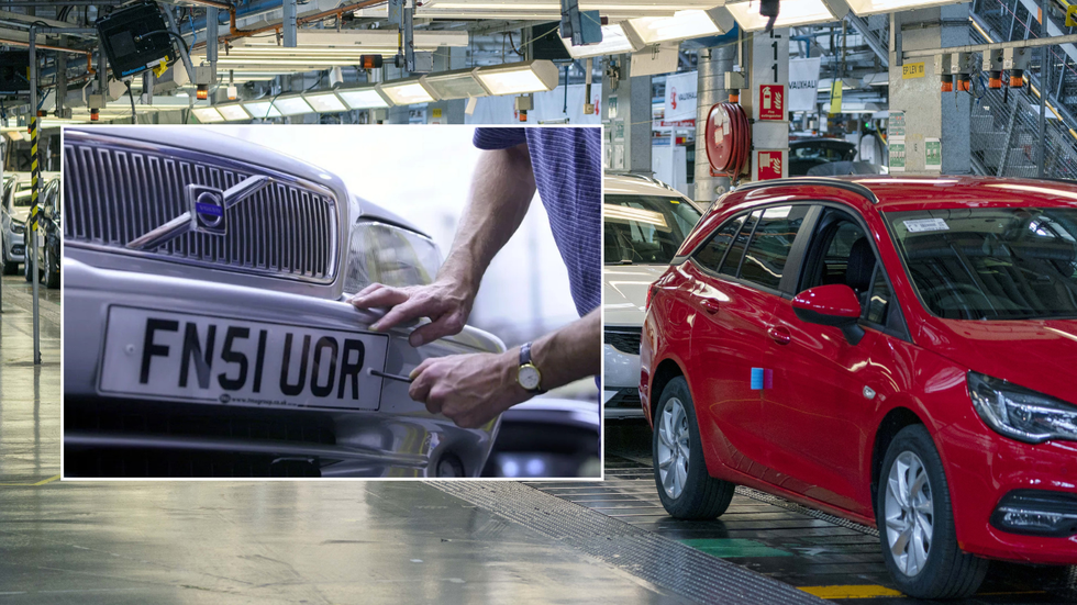 Number plate changing on car and UK car production factory