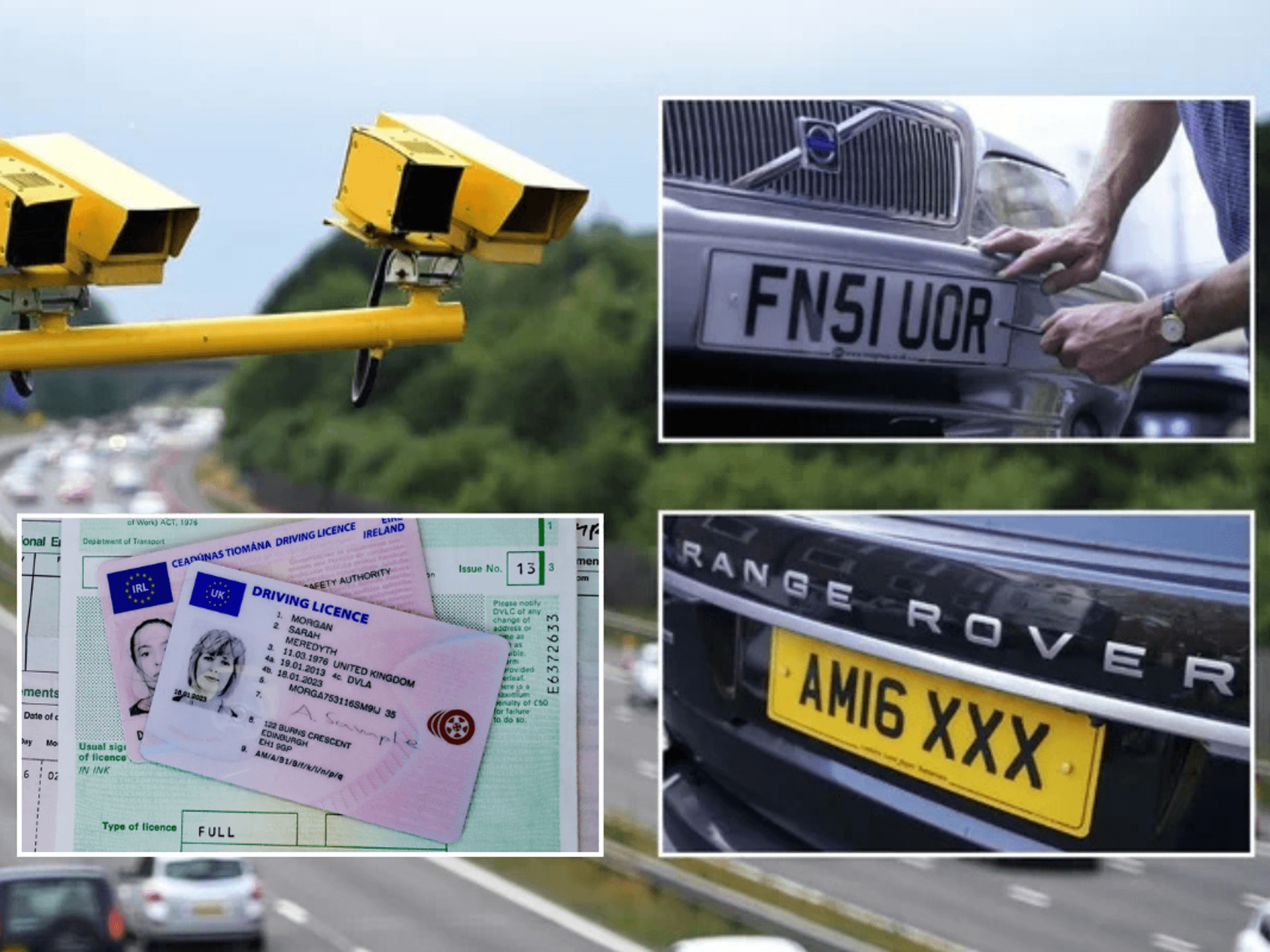 Number plates and a DVLA sign and driving licence