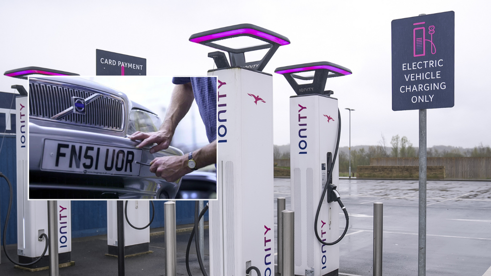Number plates on car and electric car charging point