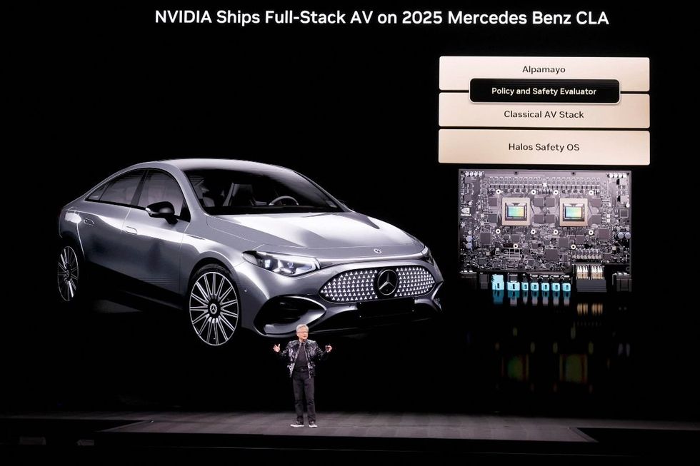 Nvidia CEO Jensen Huang speaks about autonomous-driving vehicles during a Nvidia keynote address at CES 2026