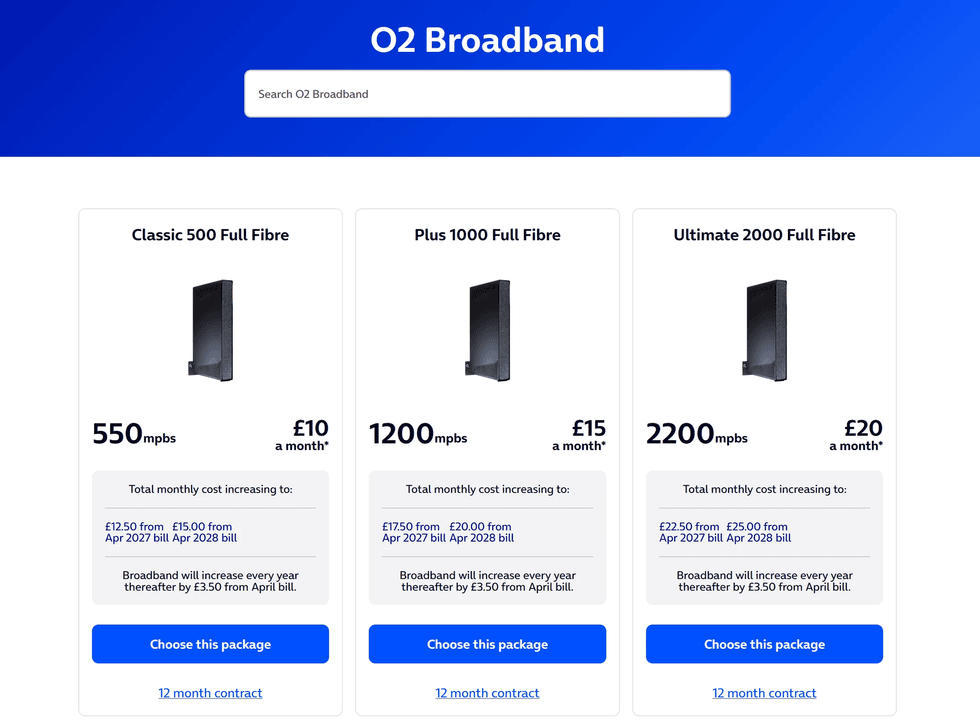 O2 broadband packages listed on O2's online site