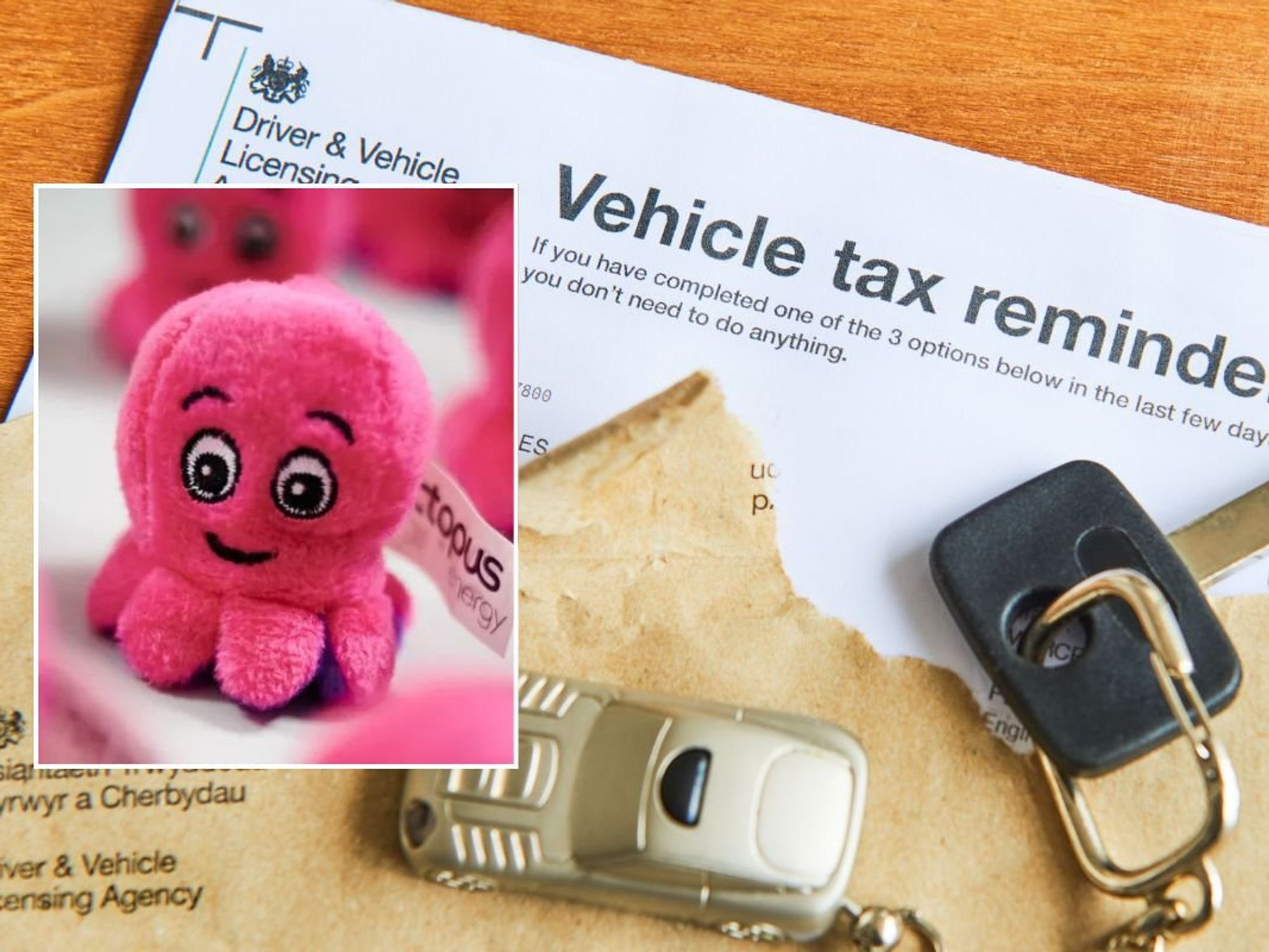 Octopus Energy logo and a DVLA vehicle tax reminder letter