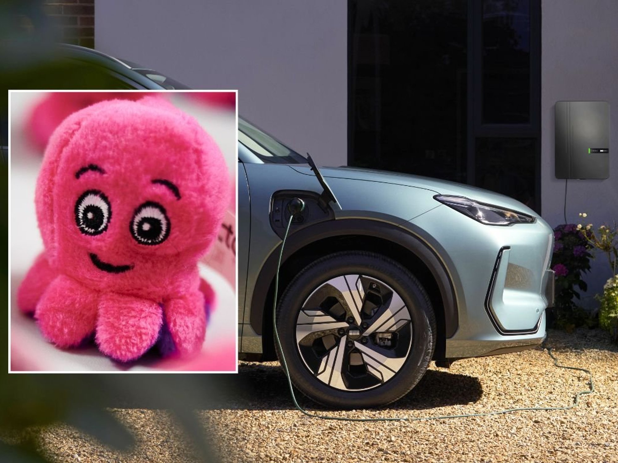 Octopus Energy mascot and a Geely electric vehicle charging at home with an Andersen charger
