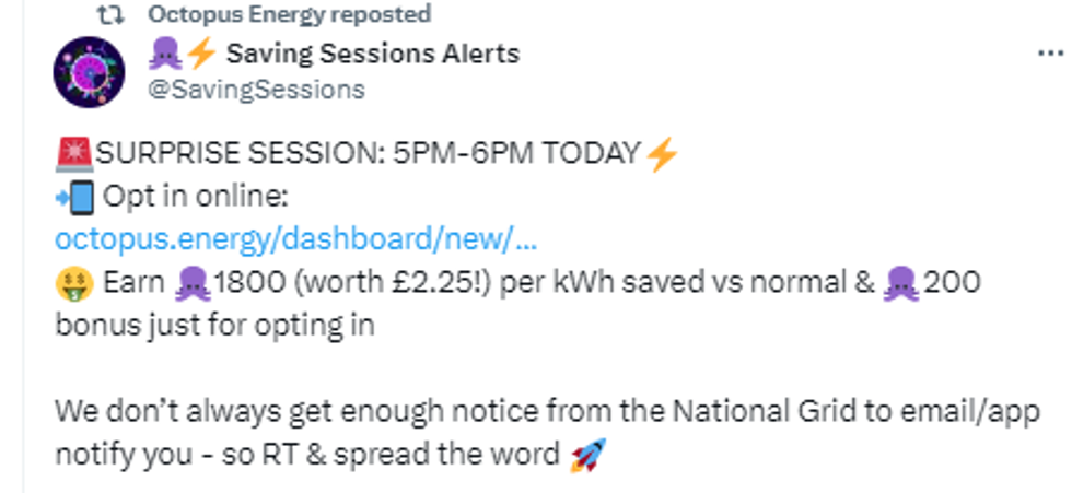 Octopus Energy posts another 'suprise session' alert on X/Twitter