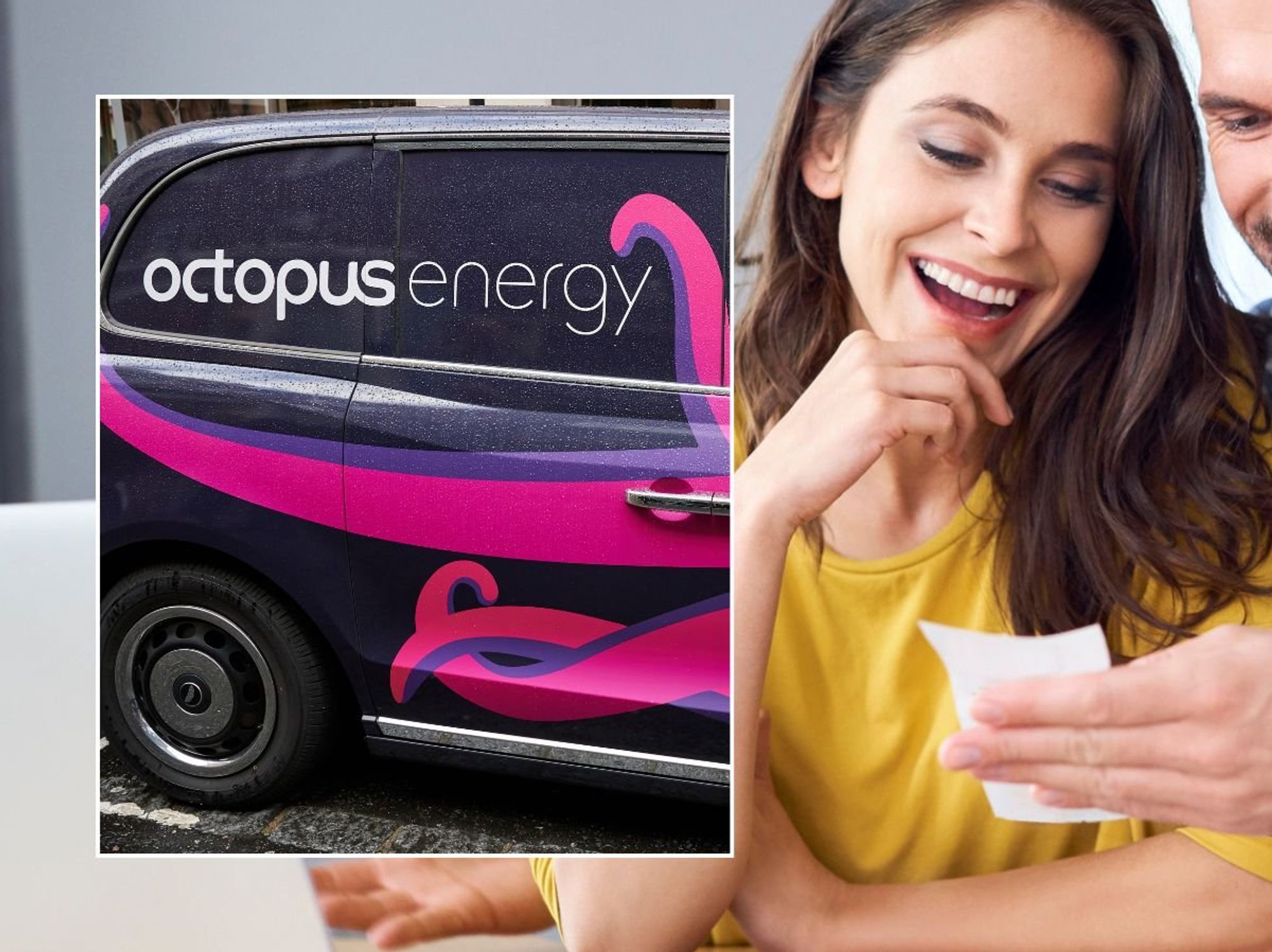 Octopus Energy van and couple looking at bills