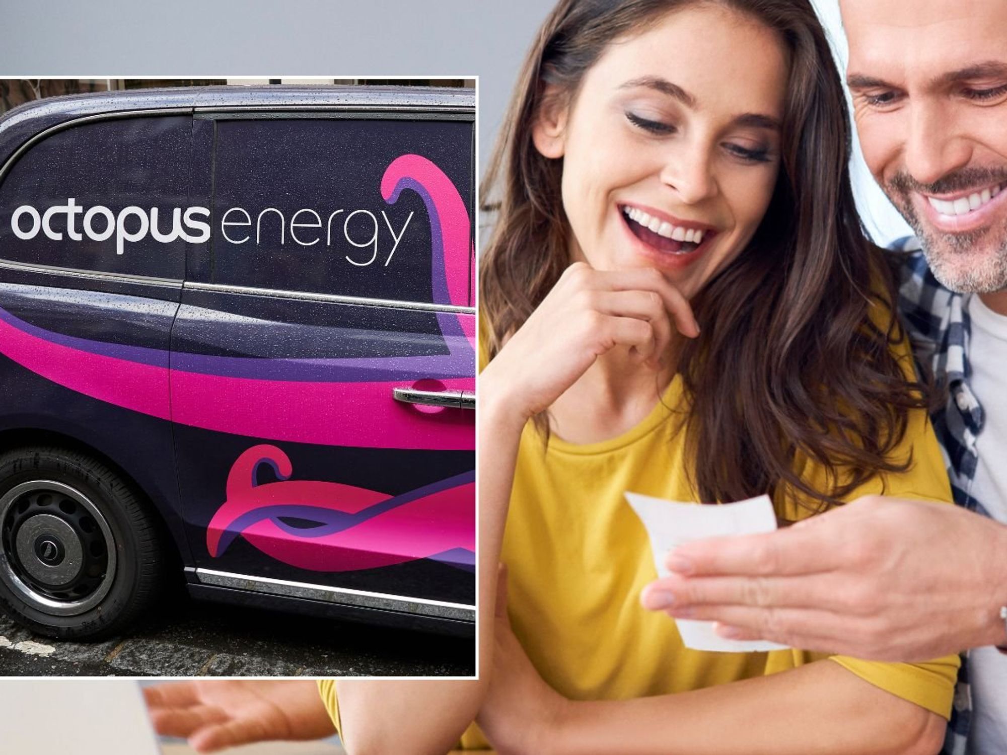 Octopus Energy van and couple looking at bills