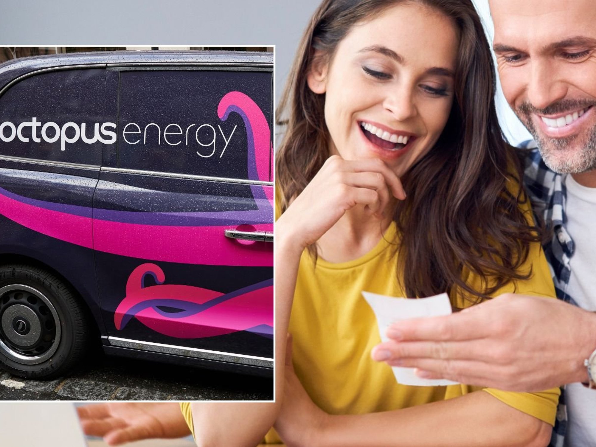 Octopus Energy van and couple looking at bills