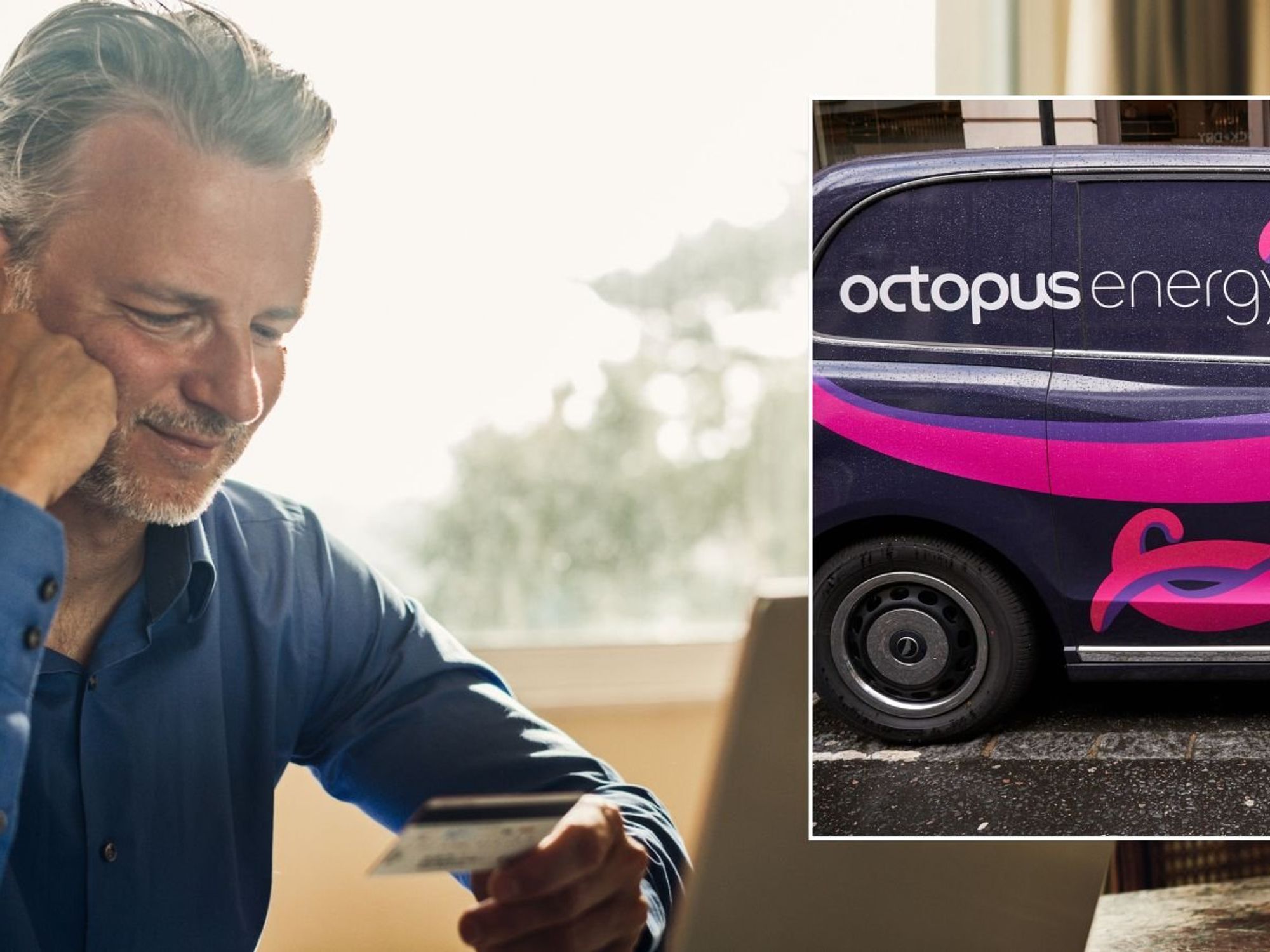 Octopus Energy van and man looking at debit card