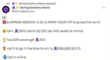 Octopus Energy X post regarding Savings Session tonight