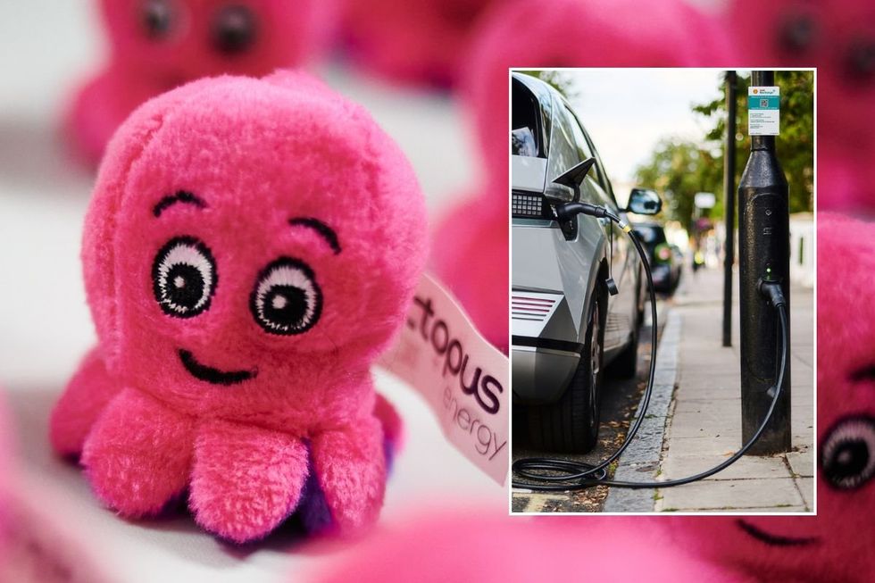 Octopus mascot and a Hyundai Ioniq EV charging at the kerbside