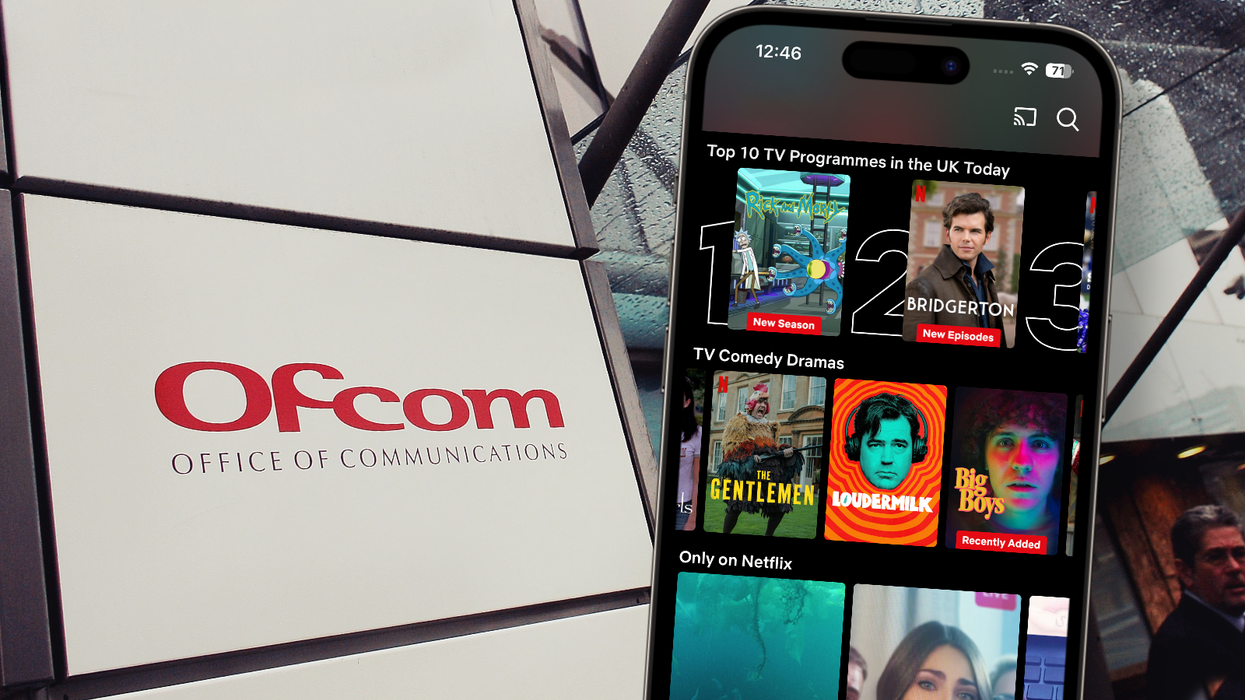 ofcom logo outside of its headquarters in london and netflix screenshot on an iPhone