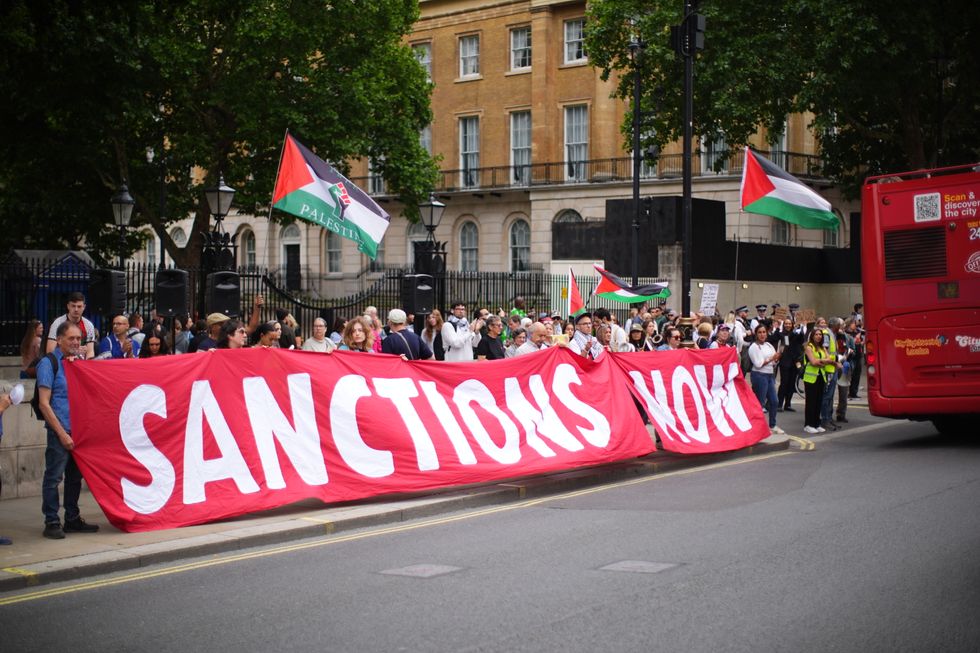 Officers seen carrying one person away as pro-Palestine demonstrators gathered outside Downing Street