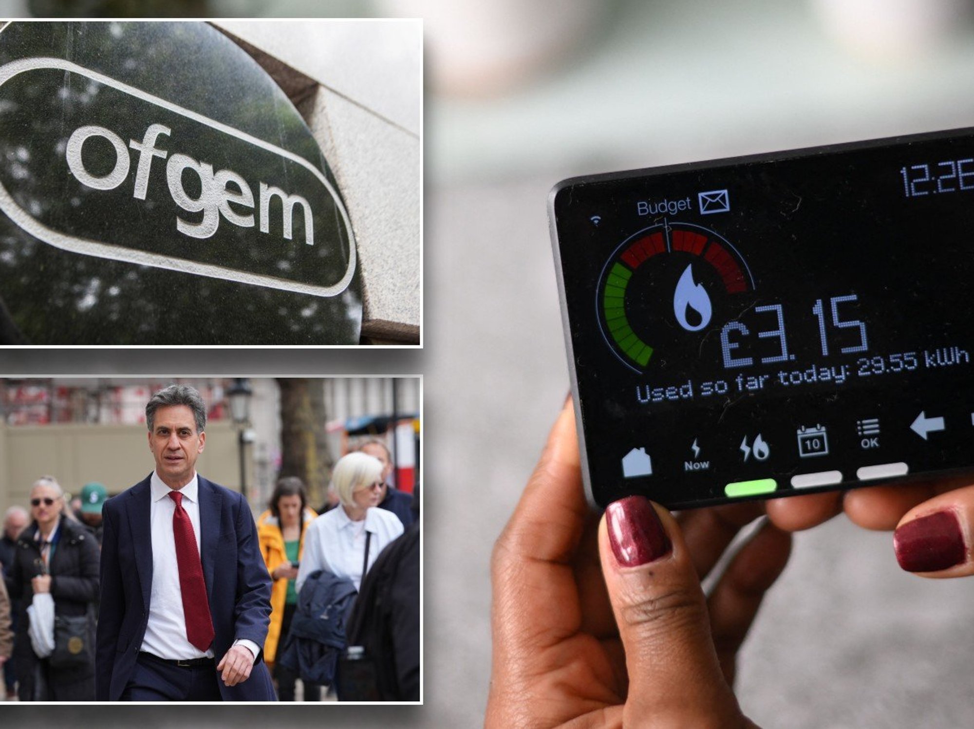 Ofgem logo, Ed Miliband and energy meter