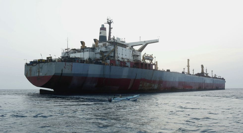 Oil tanker anchored 60 kilometers (37 miles) north of the port of Hudaydah, Yemen