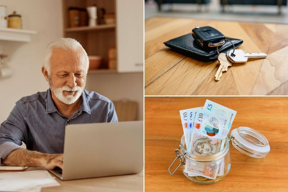 Old man checking laptop, car keys and a pot of money