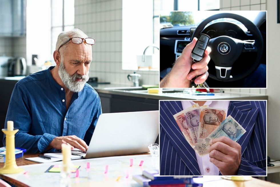 Old man looking at a laptop, man holding car keys and a man holding UK cash