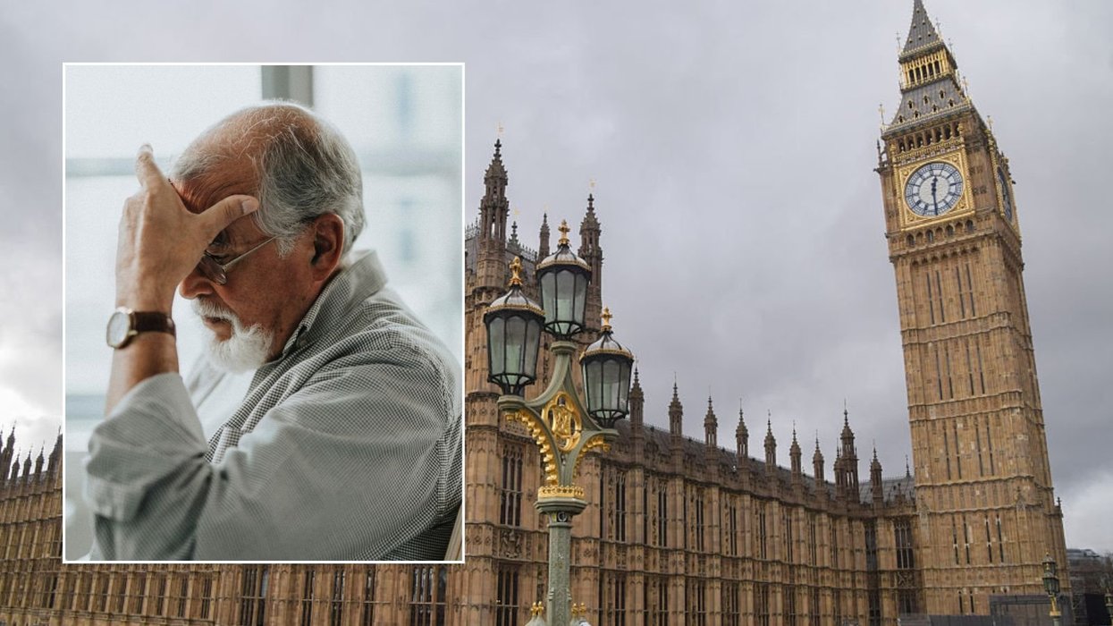 Old man looking worried and Westminister
