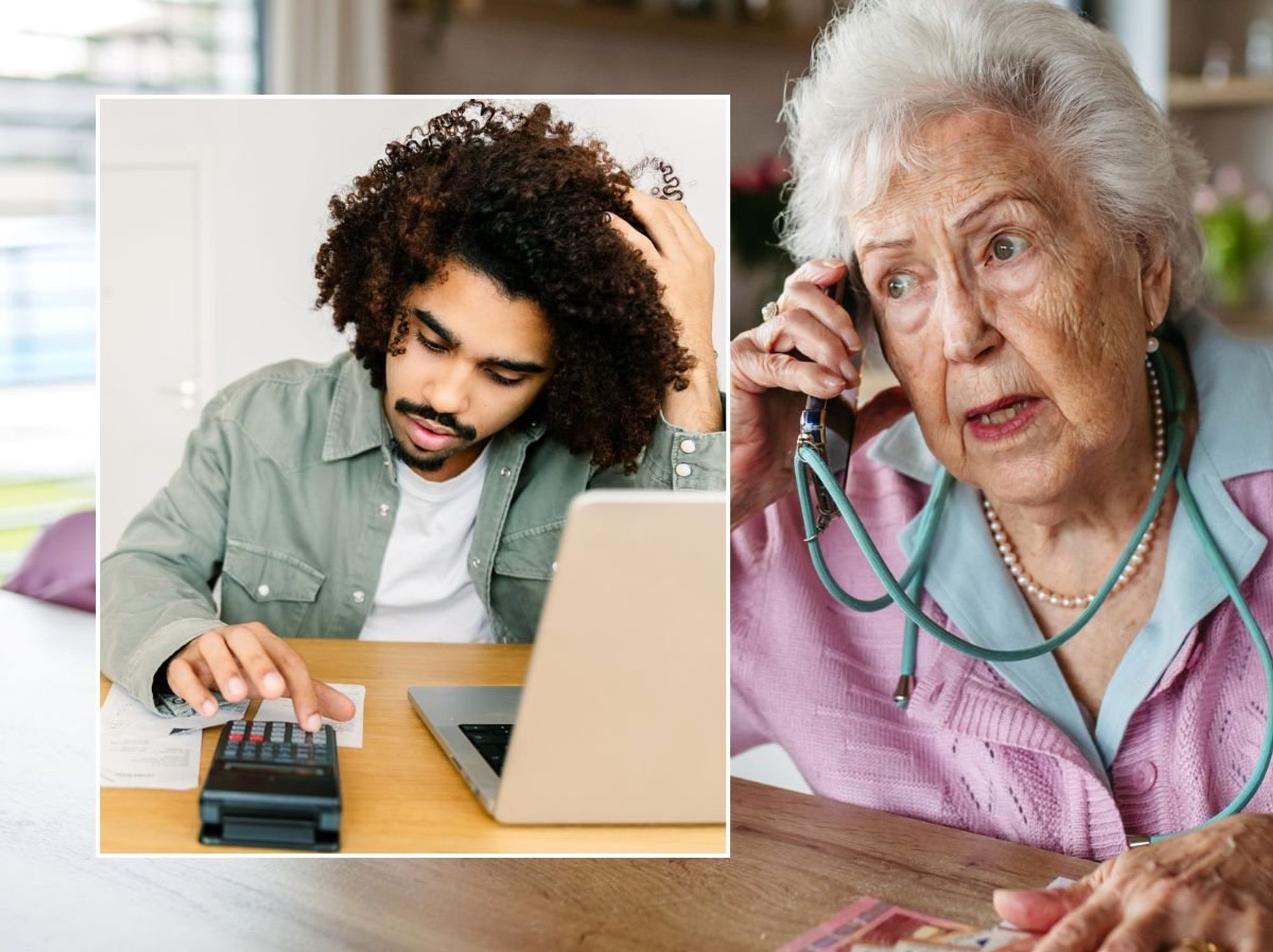 Old woman on phone and young man on laptop
