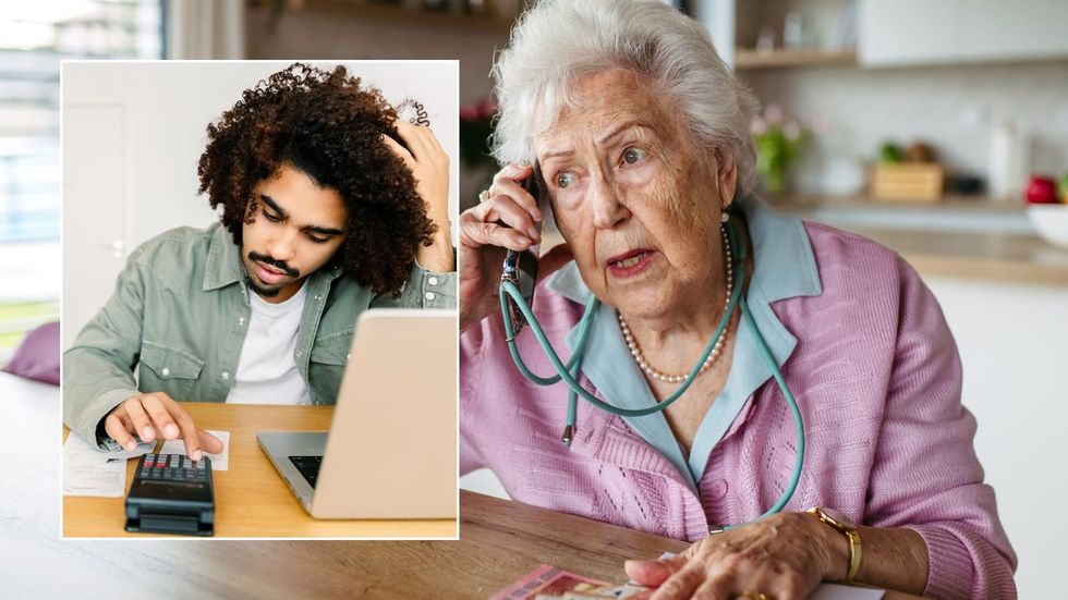 Old woman on phone and young man on laptop