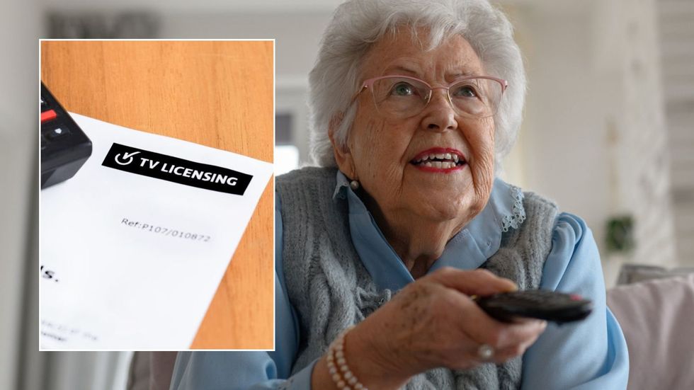 Old woman watching TV and TV Licensing form