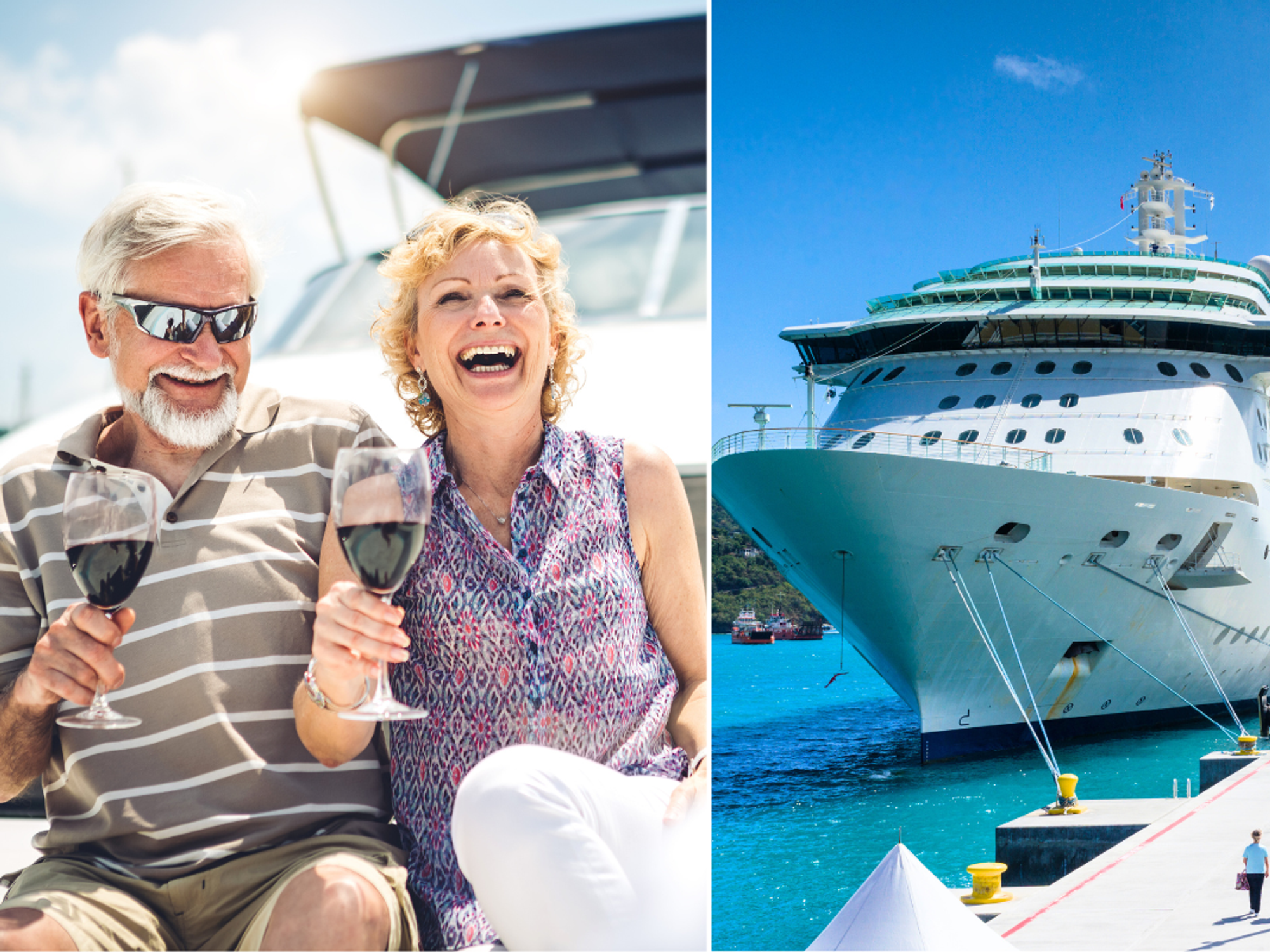 Older couple drinking wine on cruise ship / cruise ship