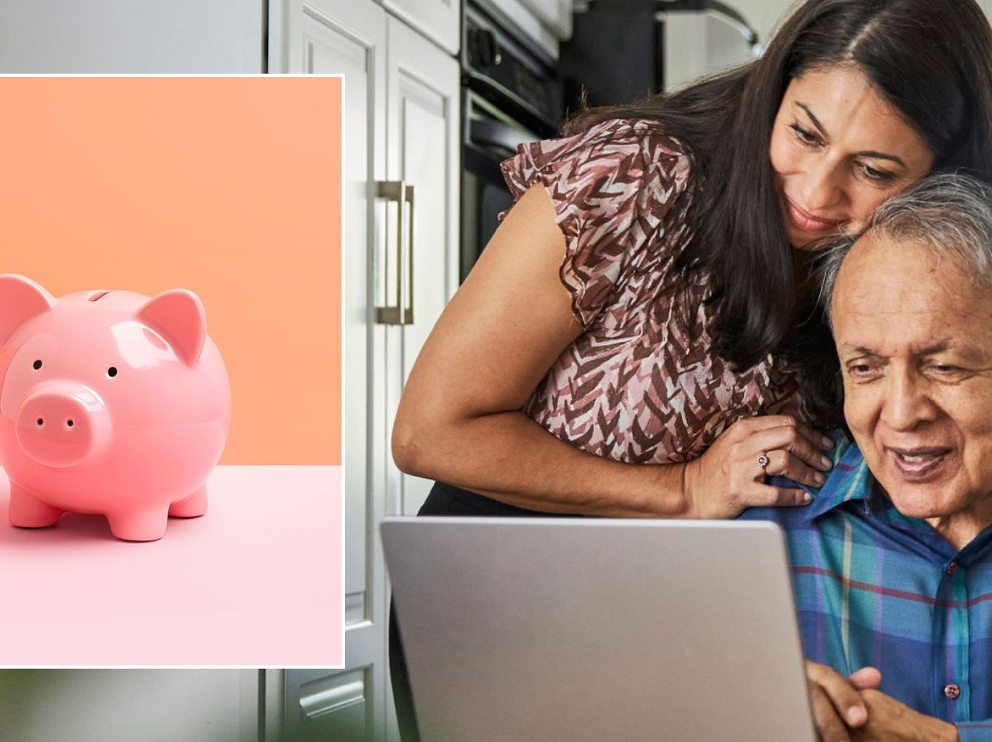 Older couple on laptop and piggy bank