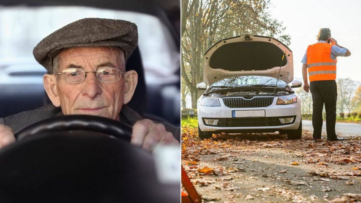 Older driver and a man calling for help after a vehicle breakdown