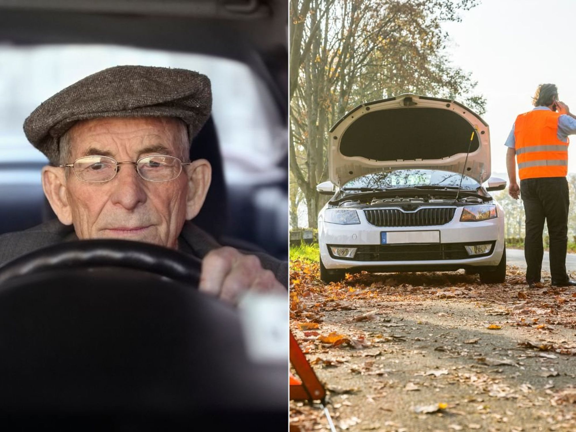 Older driver and a man calling for help after a vehicle breakdown