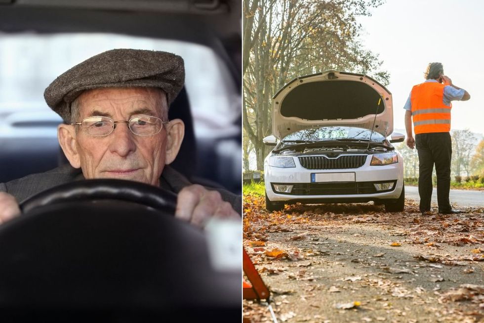 Older driver and a man calling for help after a vehicle breakdown