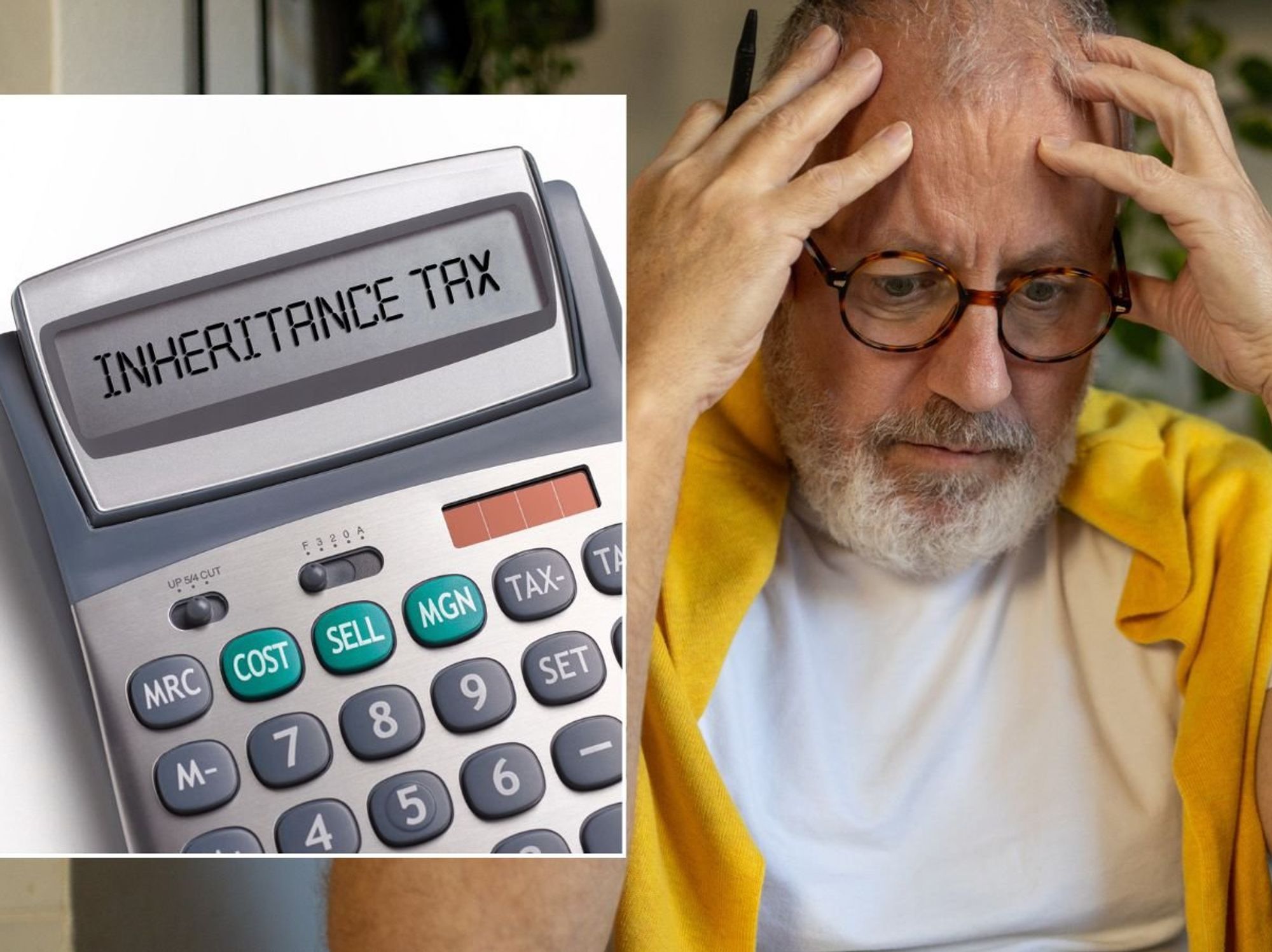 Older man and inheritance tax written on a calculator
