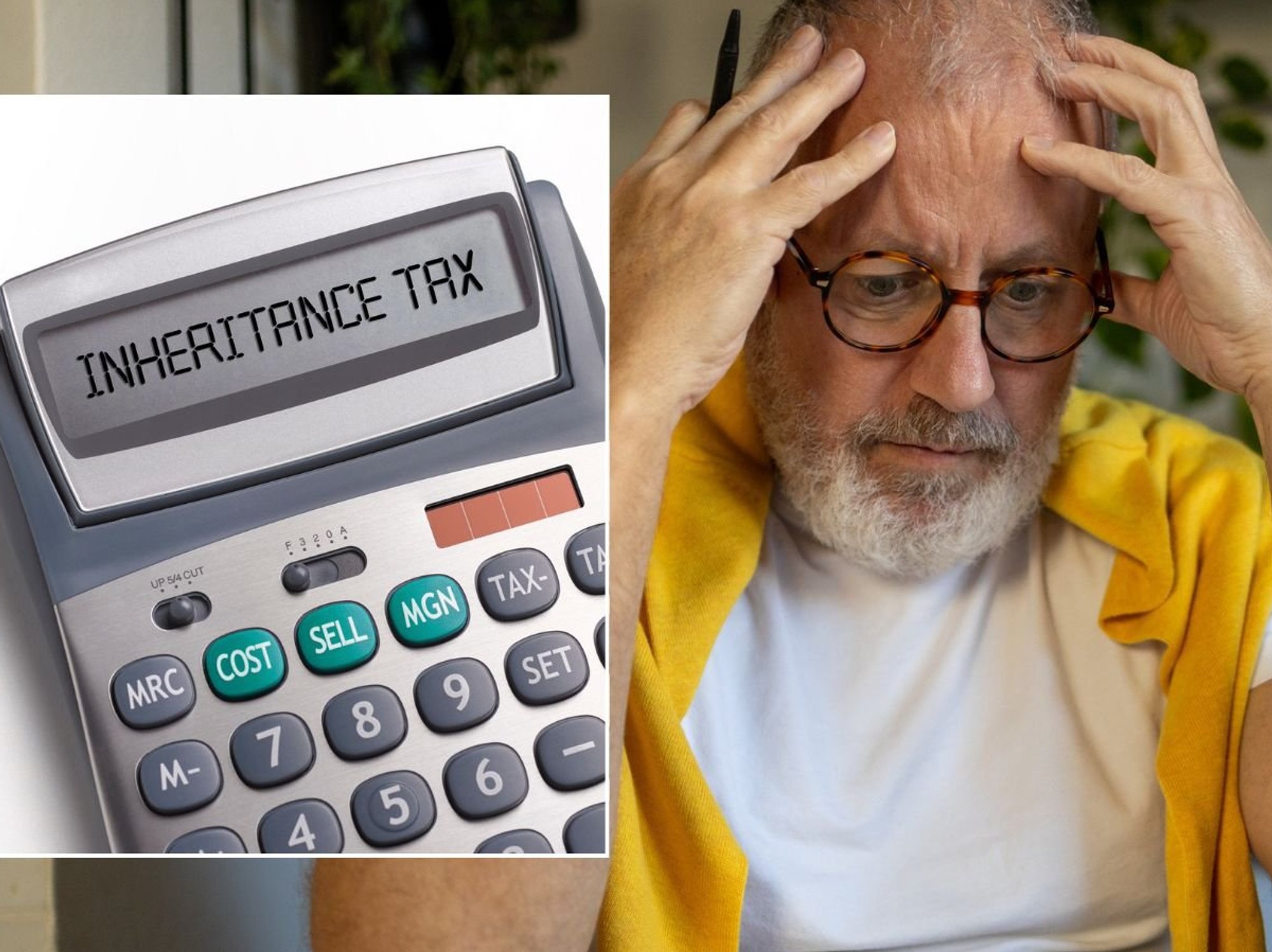 Older man and inheritance tax written on a calculator