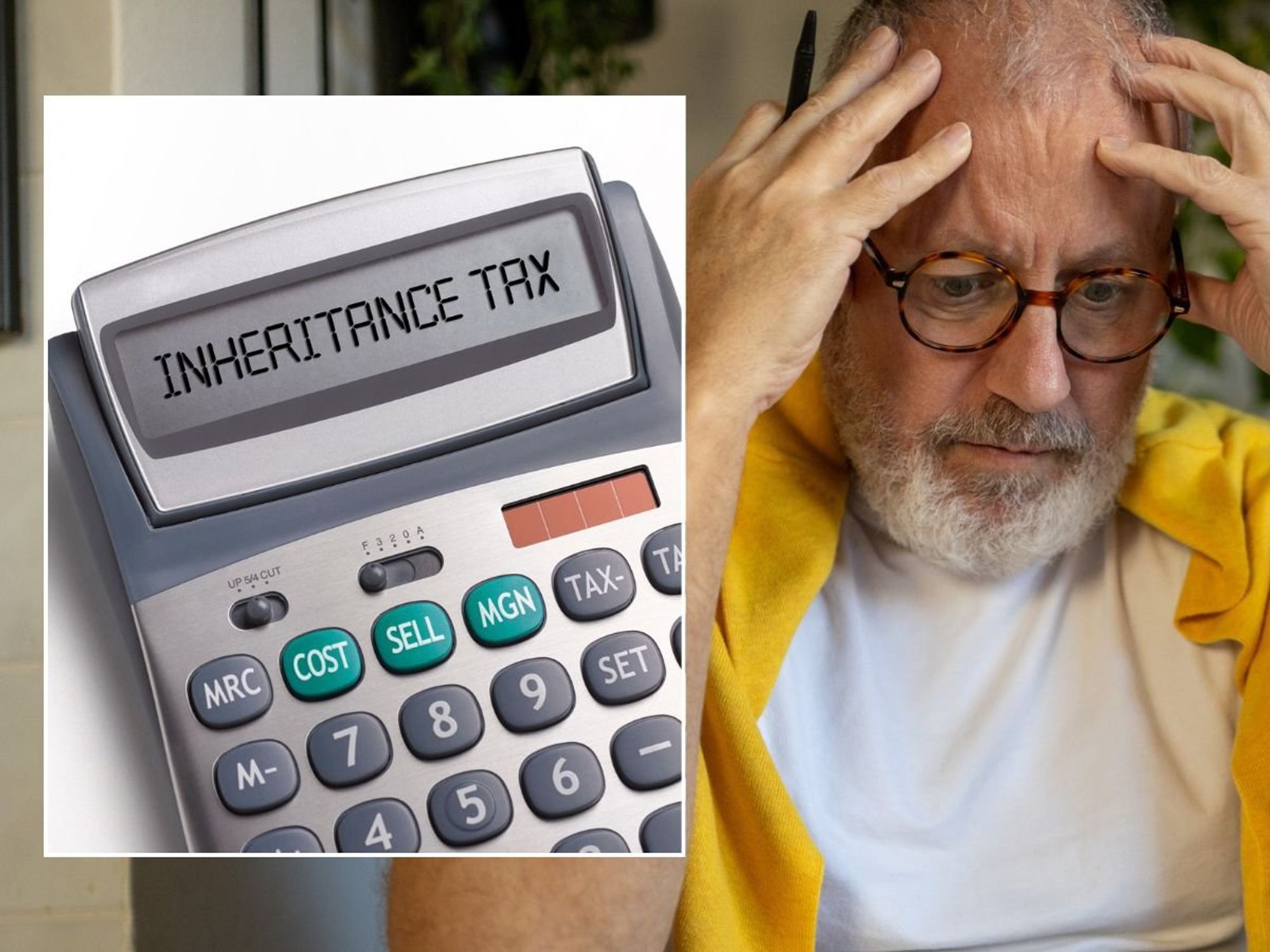 Older man and inheritance tax written on a calculator