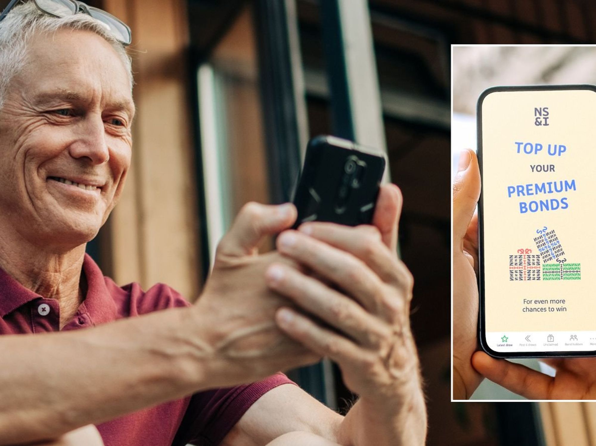 Older man and Premium Bonds on phone