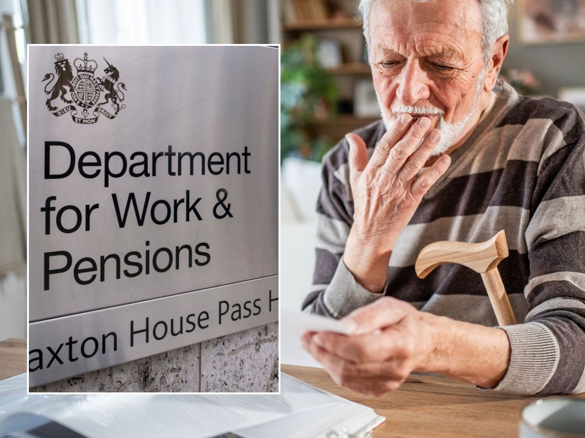 Older man looking at letter and DWP sign