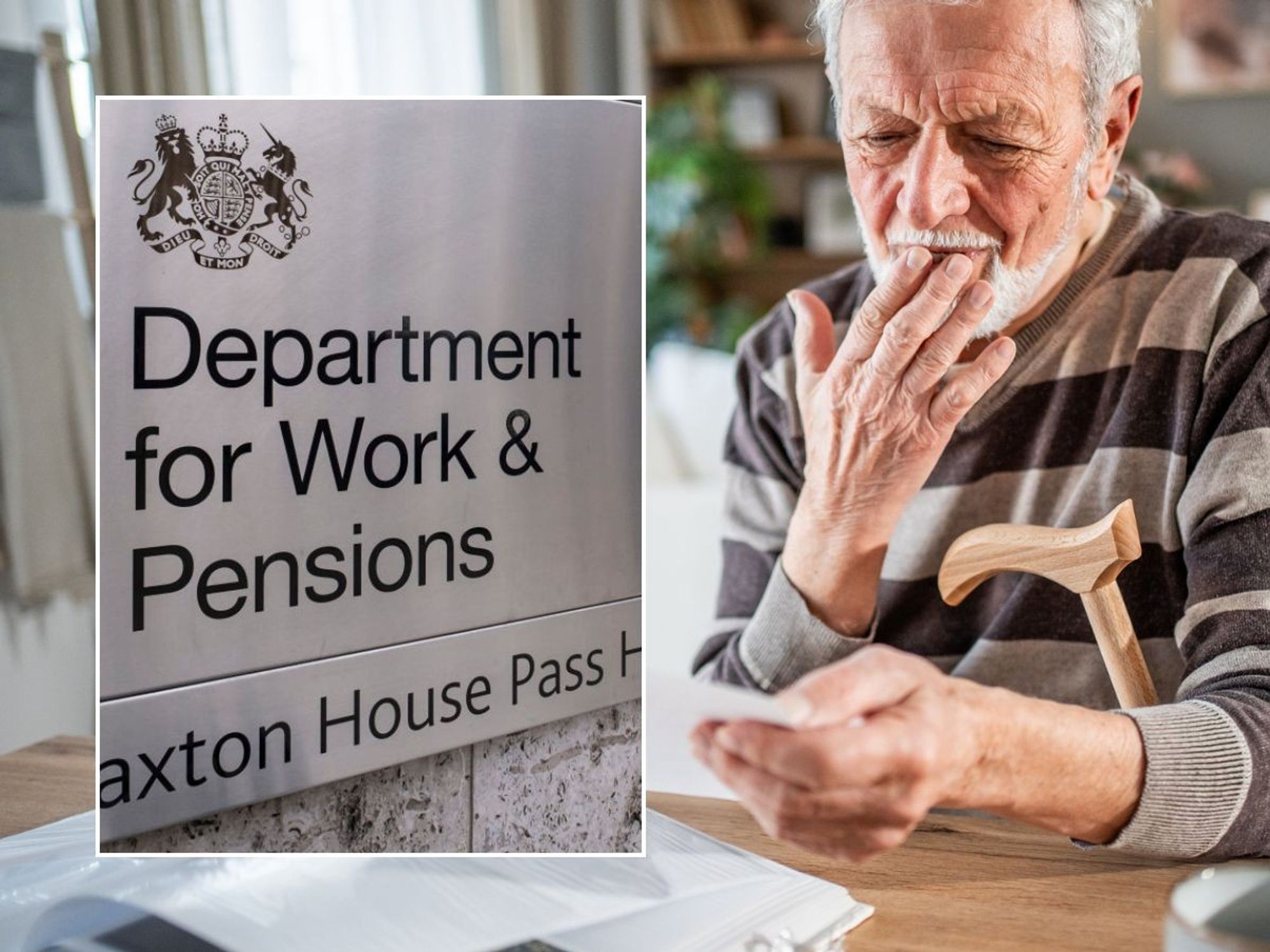 Older man looking at letter and DWP sign