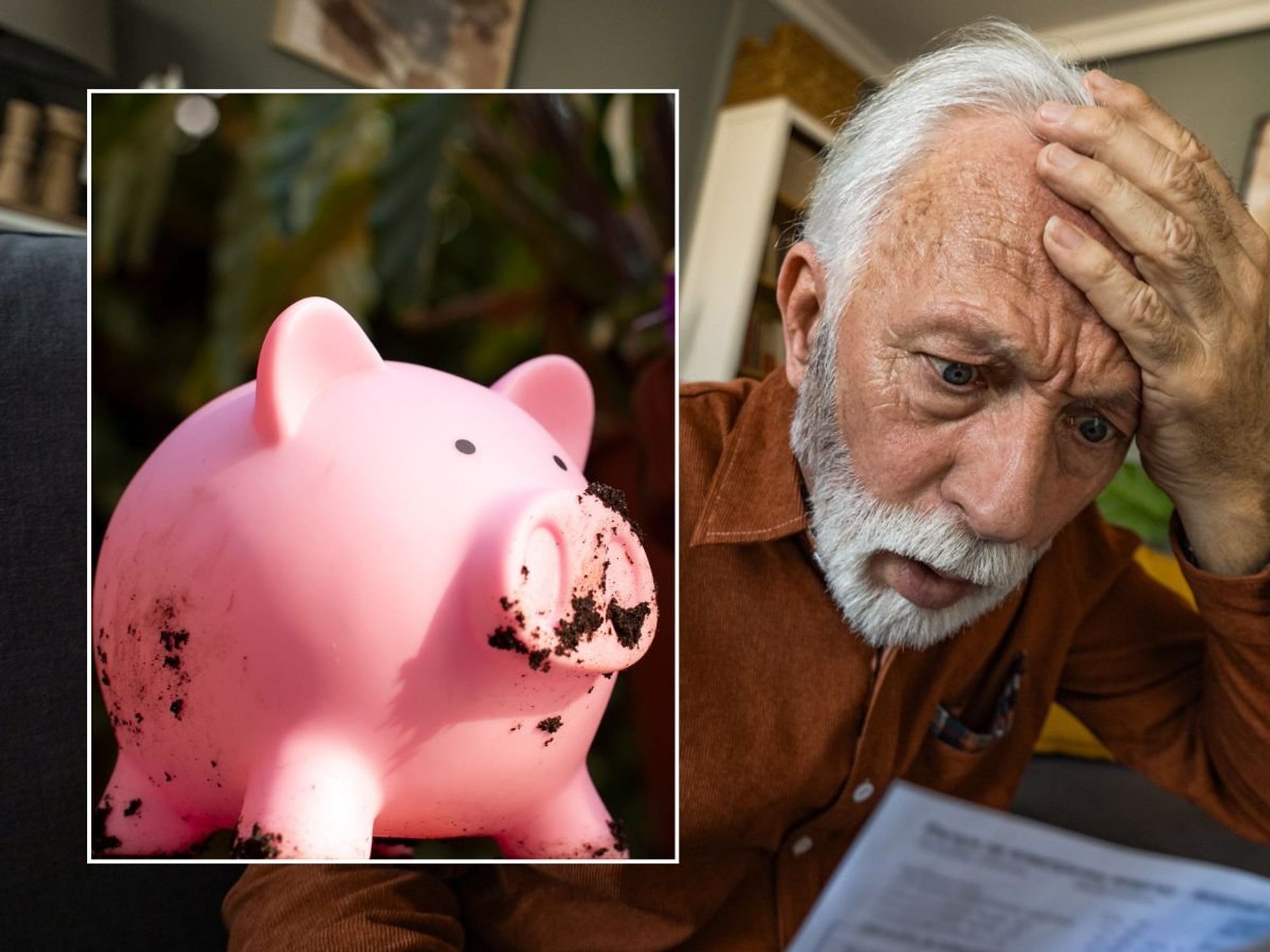 Older man looking at letter and piggy bank
