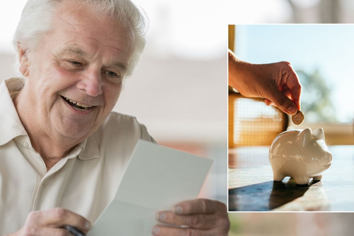 Older man looking at letter and piggy bank