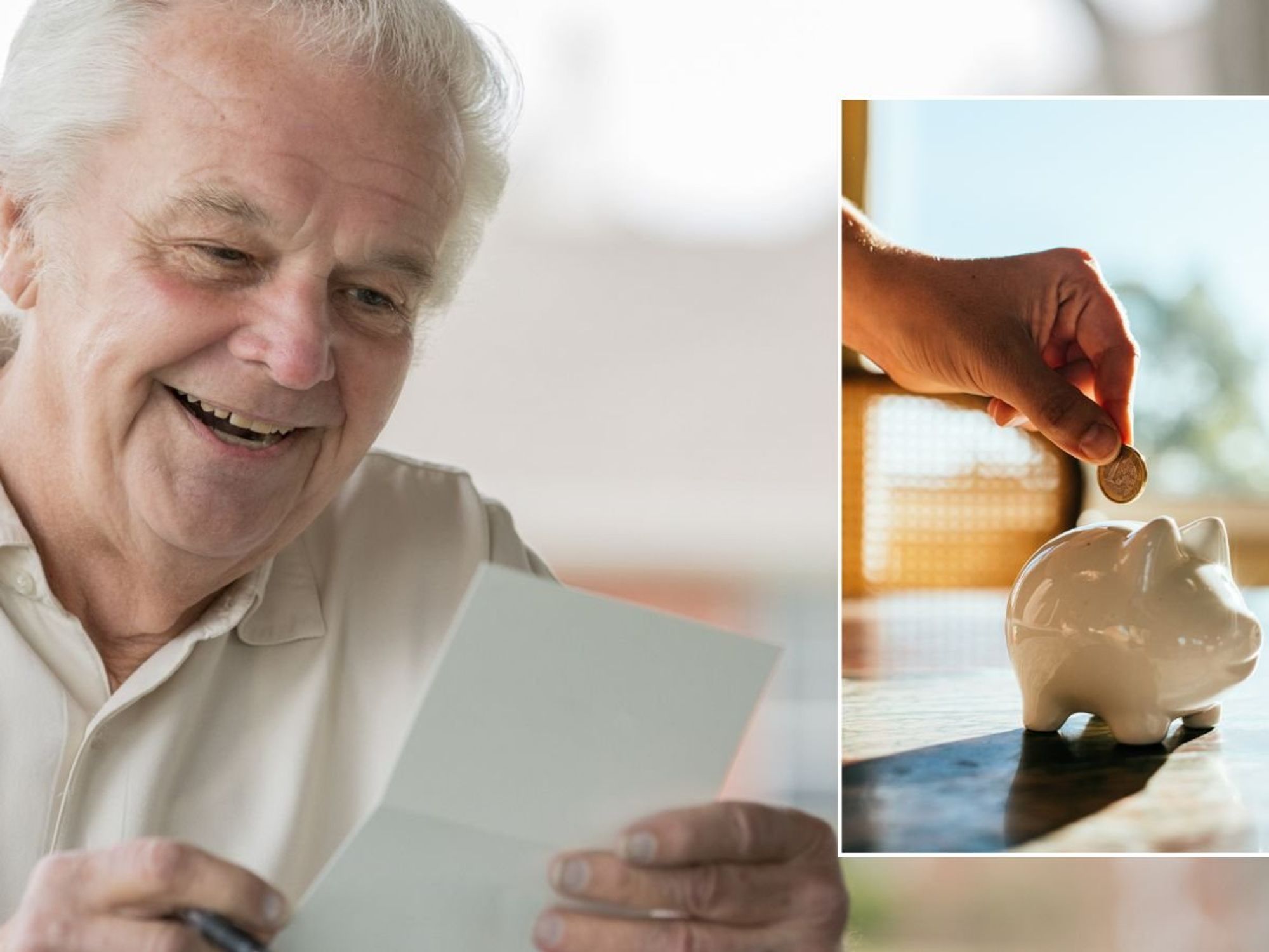 Older man looking at letter and piggy bank