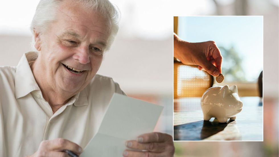 Older man looking at letter and piggy bank