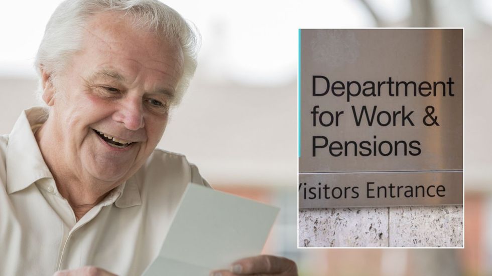 Older man looking happy and DWP sign
